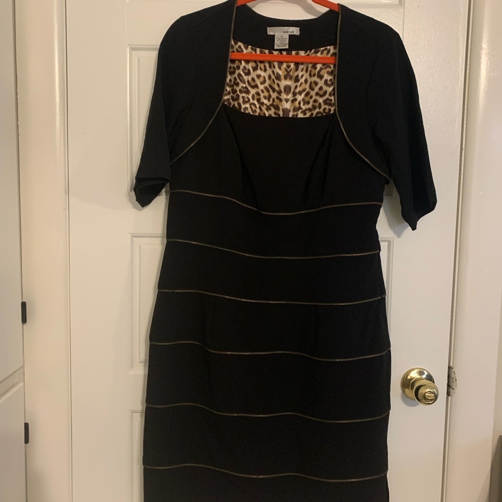 WD.NY Black Midi Dress with zipper Accent and leopard print lining